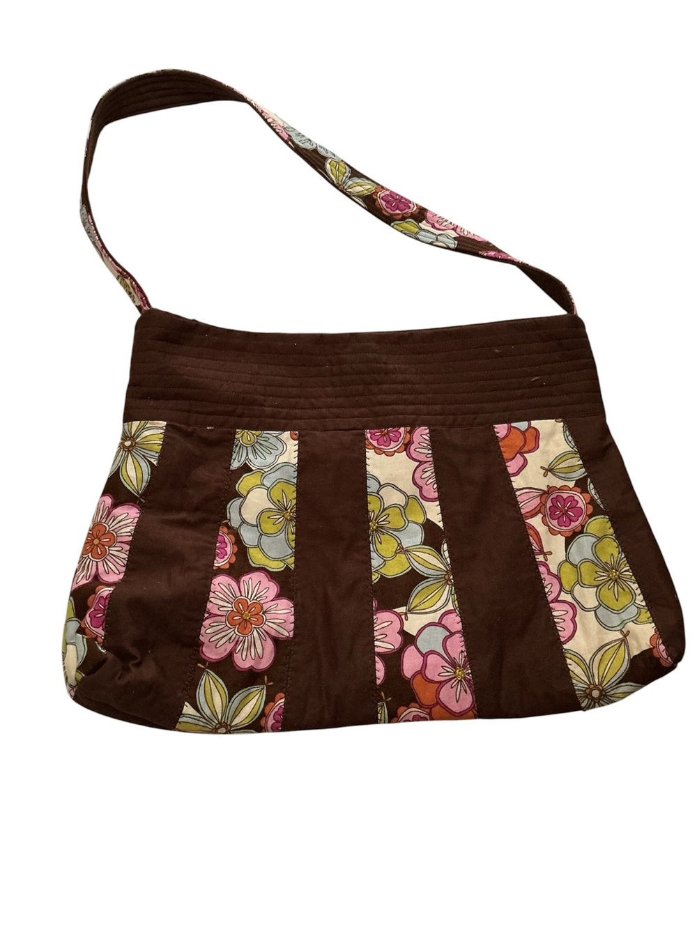 Quilted Floral Panel Shoulder Bag - Brown & Pink
